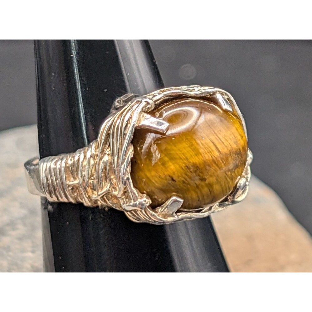 Tiger’s Eye Ring • Sterling Silver Wire Wrap • Size 7 • Artisan Boho Look